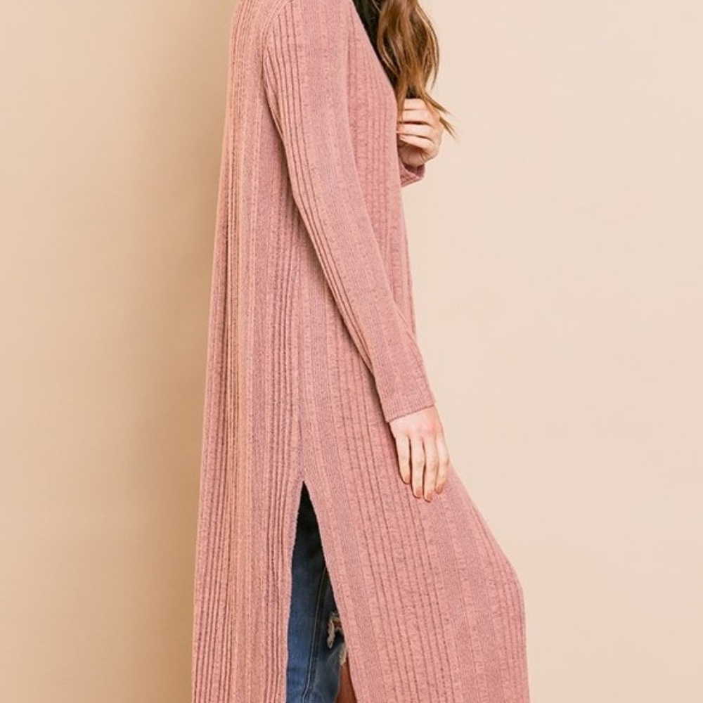 Mauve Ribbed Knit Cardigan Duster Sweater Size S - Picture 2 of 4